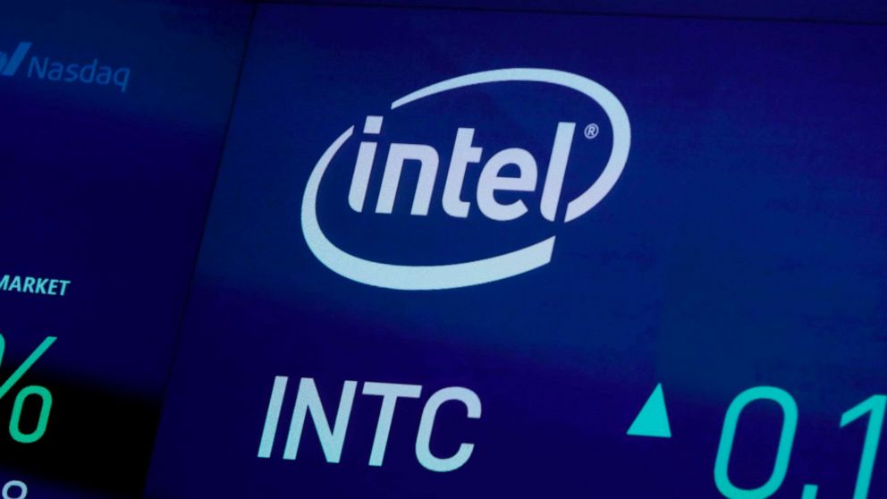 PHOTO: The symbol for Intel appears on a screen at the Nasdaq MarketSite, in New York, Oct. 1, 2019. 