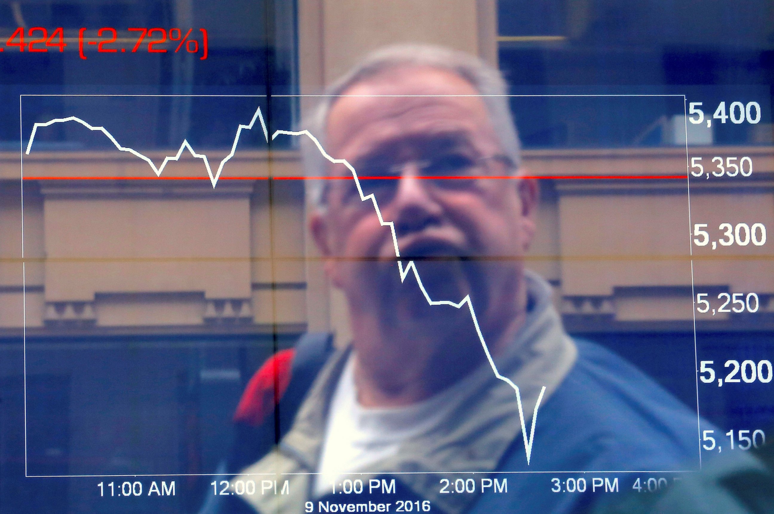 PHOTO: An investor reacts as he looks through a window at boards displaying stock prices at the Australian Securities Exchange (ASX) in Sydney, Australia, Nov. 9, 2016.   