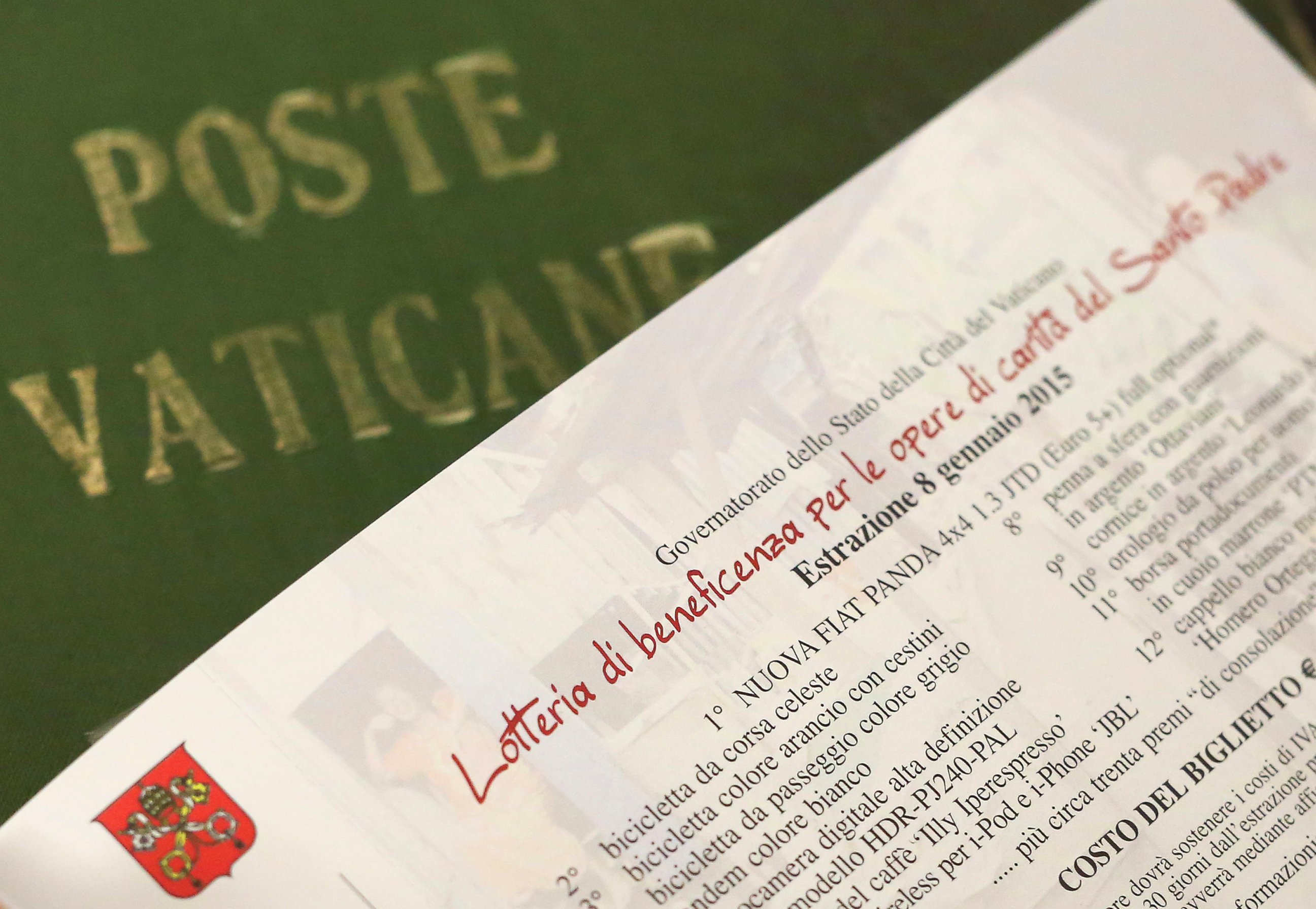 PHOTO: Details of a ticket of the Pope's raffle is seen at the Vatican Post office in Vatican City