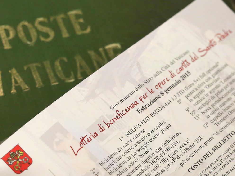 PHOTO: Details of a ticket of the Popes raffle is seen at the Vatican Post office in Vatican City