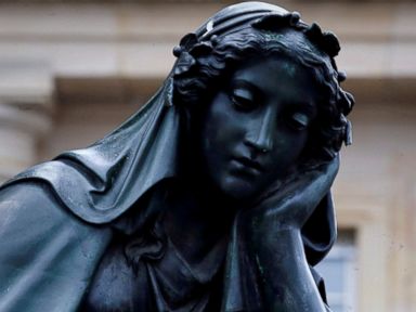PHOTO: A statue is seen next to the logo of Germanys Deutsche Bank in Frankfurt, Germany, Jan. 26, 2016.