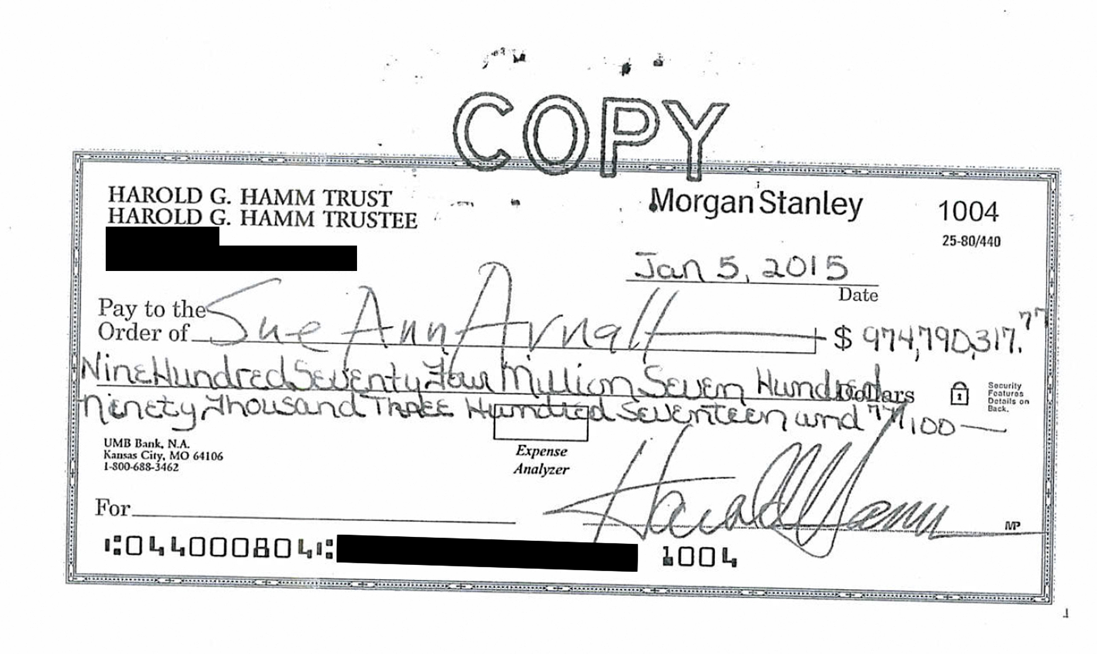 PHOTO: A divorce settlement check from Harold Hamm, chief executive of oil driller Continental Resources, to ex-wife Sue Ann Arnall in the amount of $974.8 million is shown in this image from a court document released to Reuters, Jan. 6, 2015.