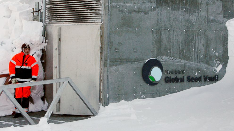 A guard stands watch outside the Global Seed Vault before the opening ceremony in Longyearbyen, Norway, Feb. 26, 2008.