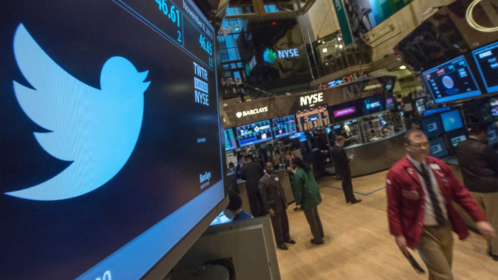The Twitter logo is displayed on the floor of the New York Stock Exchange, Nov. 8, 2013. 