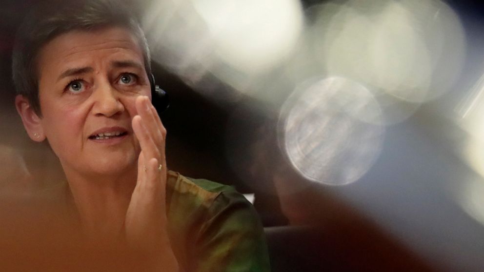 European Commissioner designate for Europe fit for the Digital Age Margrethe Vestager answers questions during her hearing at the European Parliament in Brussels, Tuesday, Oct. 8, 2019. (AP Photo/Virginia Mayo)