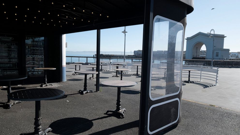 This April 24, 2020 file photo shows the empty outdoor seating area at the closed Franciscan Crab Restaurant at Fisherman's Wharf in San Francisco. Restaurant owners and executives across the country fear they’ll have to repay thousands of dollars in