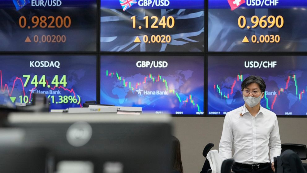 A currency trader walks by screens showing the foreign exchange rates at the foreign exchange dealing room of the KEB Hana Bank headquarters in Seoul, South Korea, Thursday, Sept. 22, 2022. Asian stock markets followed Wall Street lower on Thursday a