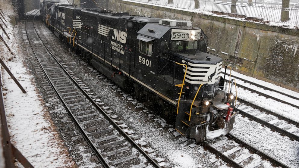 FILE - In this March 3, 2019, file photo a Norfolk Southern freight train passes through the Northside of Pittsburgh as show begins to fall. Norfolk Southern Corp. reports earning on Wednesday, July 24. (AP Photo/Gene J. Puskar, File)