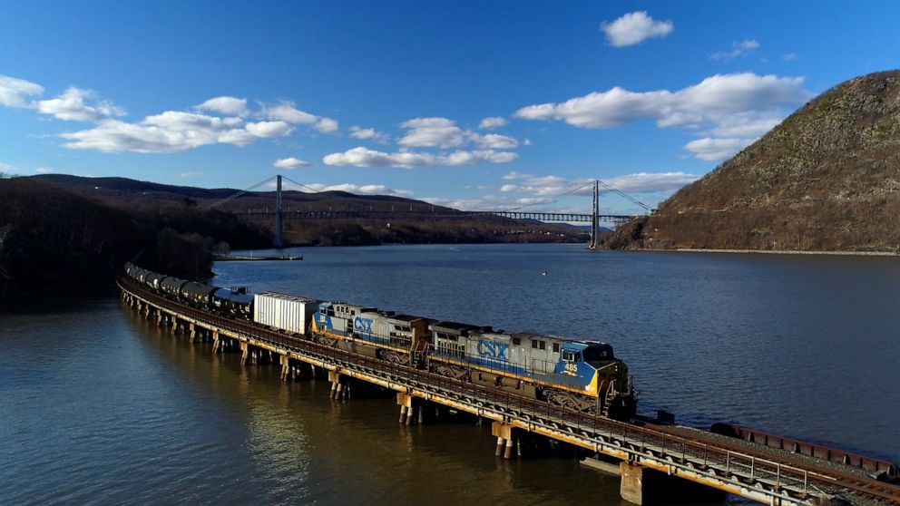 FILE- In this April 26, 2018, file photo, a CSX Transportation locomotive pulls a train of tank cars across a bridge on the Hudson River along the edge of Bear Mountain State Park near Fort Montgomery, N.Y. CSX railroad’s second-quarter profit more t