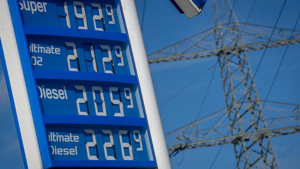 Gas prices are displayed at a gas station in Frankfurt, Germany, Wednesday, Oct. 5, 2022. A cut in oil production is on the table when OPEC oil-producing countries meet Wednesday. The OPEC+ alliance that includes Saudi Arabia and Russia is weighing a