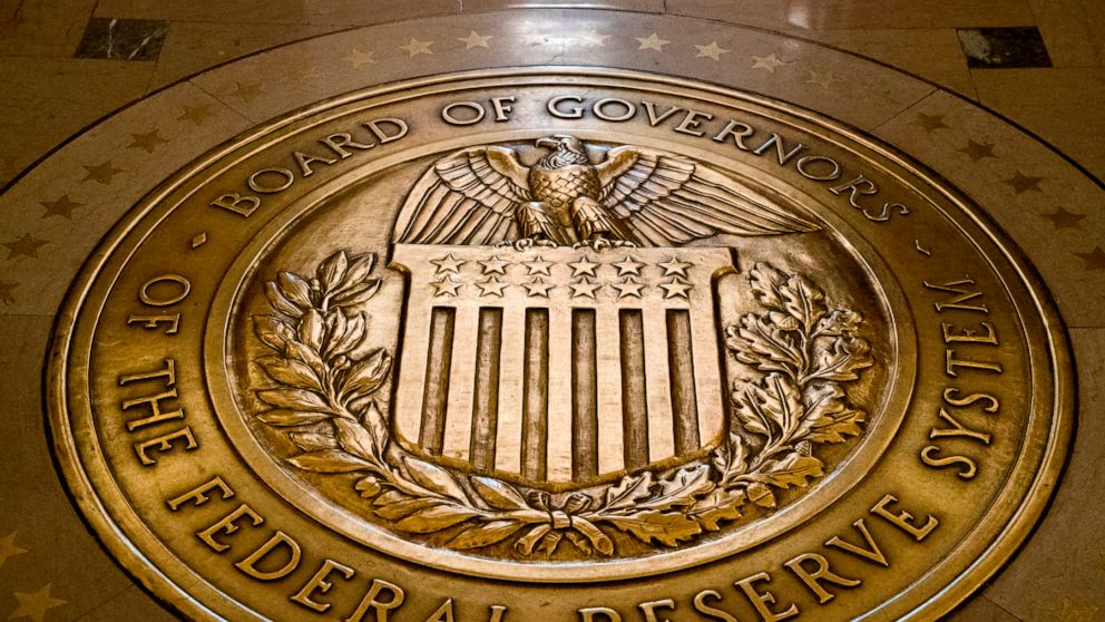 FILE - This Feb. 5, 2018, file photo shows the seal of the Board of Governors of the United States Federal Reserve System in the ground at the Marriner S. Eccles Federal Reserve Board Building in Washington. President Donald Trump says on Twitter he 