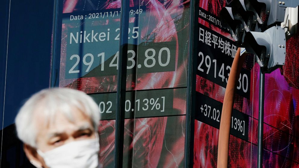 A man wearing a protective mask walks in front of an electronic stock board showing Japan's Nikkei 225 index at a securities firm Thursday, Nov. 11, 2021, in Tokyo. Asian shares were mixed Thursday, after a worrisome report on U.S. inflation that sla