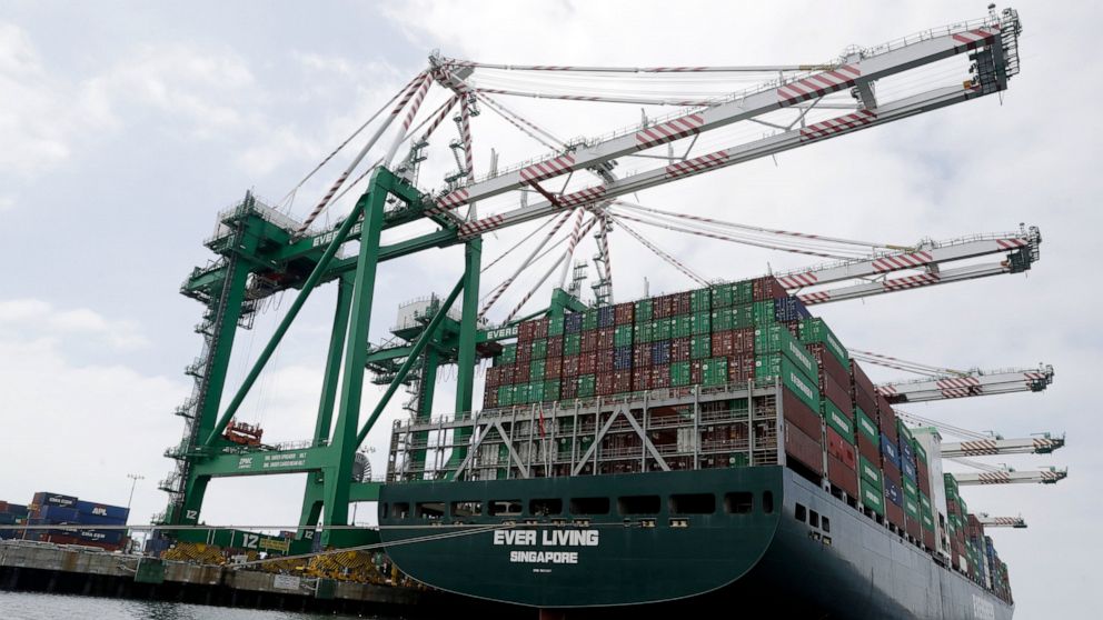 FILE - In this June 19, 2019, file photo a cargo ship is docked at the Port of Los Angeles in Los Angeles. On Wednesday, July 3, the Commerce Department reports on the U.S. trade gap for May. (AP Photo/Marcio Jose Sanchez, File)