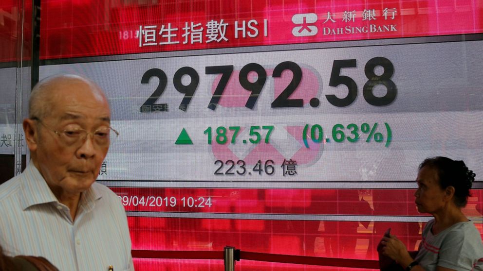 People walk past an electronic board showing Hong Kong share index outside a bank in Hong Kong, Monday, April 29, 2019. Asian stock markets were mixed Monday as investors looked ahead to U.S.-Chinese trade talks and the Federal Reserve’s update on it