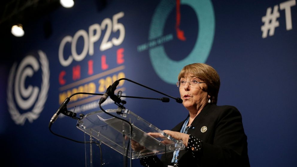 U.N. High Commissioner for Human Rights Michelle Bachelet speaks at the COP25 Climate summit in Madrid, Spain, Monday, Dec. 9, 2019. A global U.N.sponsored climate change conference is taking place in Madrid. (AP Photo/Andrea Comas)