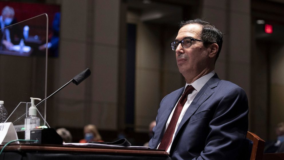 FILE - In this June 30, 2020 file photo, Treasury Secretary Steven Mnuchin testifies during a House Financial Services Committee hearing on the coronavirus response on Capitol Hill in Washington. The Treasury Department said it is releasing on Monday