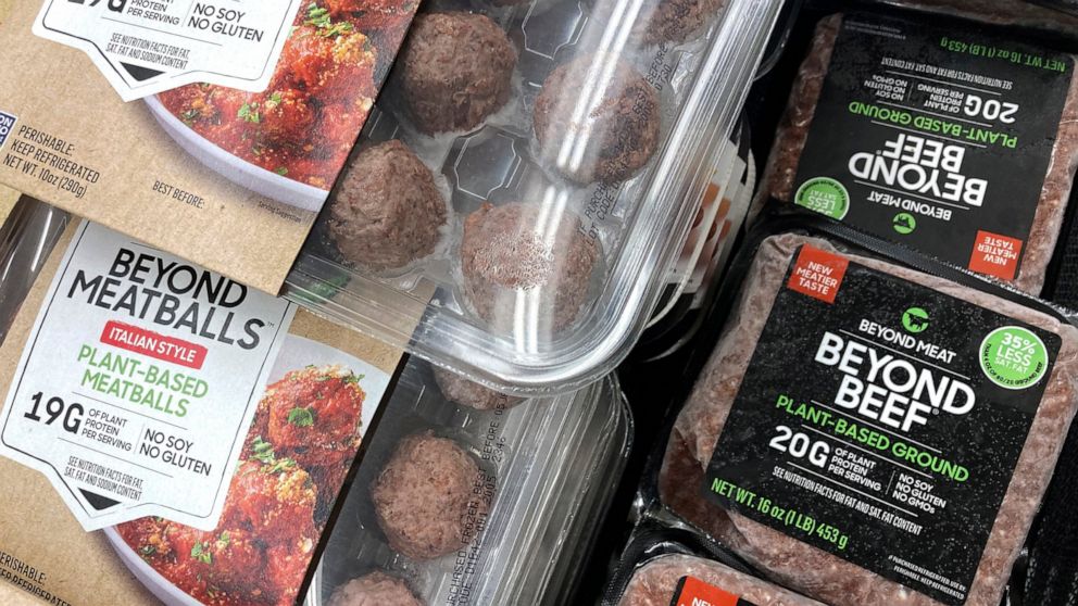 FILE - Beyond Meat products are seen in a refrigerated case inside a grocery store in Mount Prospect, Ill., Saturday, Feb. 19, 2022. On Wednesday, May 11, 2022, the plant-based meat company reported lower-than-expected sales in the first quarter as i