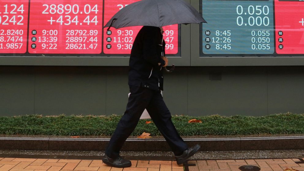 A man walks by an electronic stock board of a securities firm in Tokyo, Wednesday, Dec. 8, 2021. Stocks advanced Wednesday in Asia after another broad rally on Wall Street as investors wagered that the new variant of the COVID-19 virus won’t pose a b