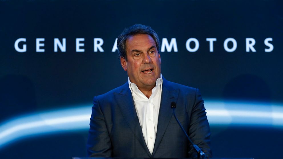 FILE- In this Jan. 27, 2020 file photo, Mark Reuss, president of General Motors, speaks at the GM Detroit-Hamtramck Assembly plant in Hamtramck, Mich. Reuss said in a weekend interview with The Associated Press that his company plans to announce more