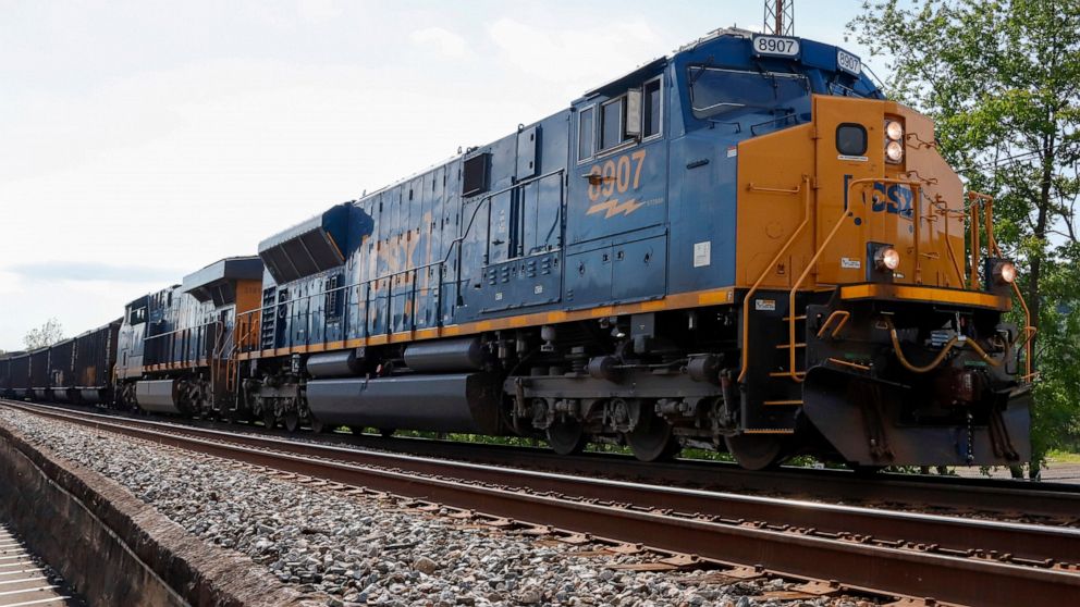 FILE - A CSX freight train pulls through McKeesport, Pa., on June 2, 2020. A federal judge has ruled that the details of conversations between the nation’s four largest railroads should be included in lawsuits challenging billions of dollars of charg