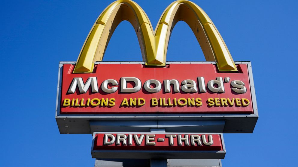 FILE - A McDonald's sign is shown in Philadelphia, Monday, April 26, 2021. McDonald’s reported stronger-than-expected sales in the third quarter, boosted by larger orders and higher prices on the menu. Revenue jumped 14% to $6.2 billion in the July-S