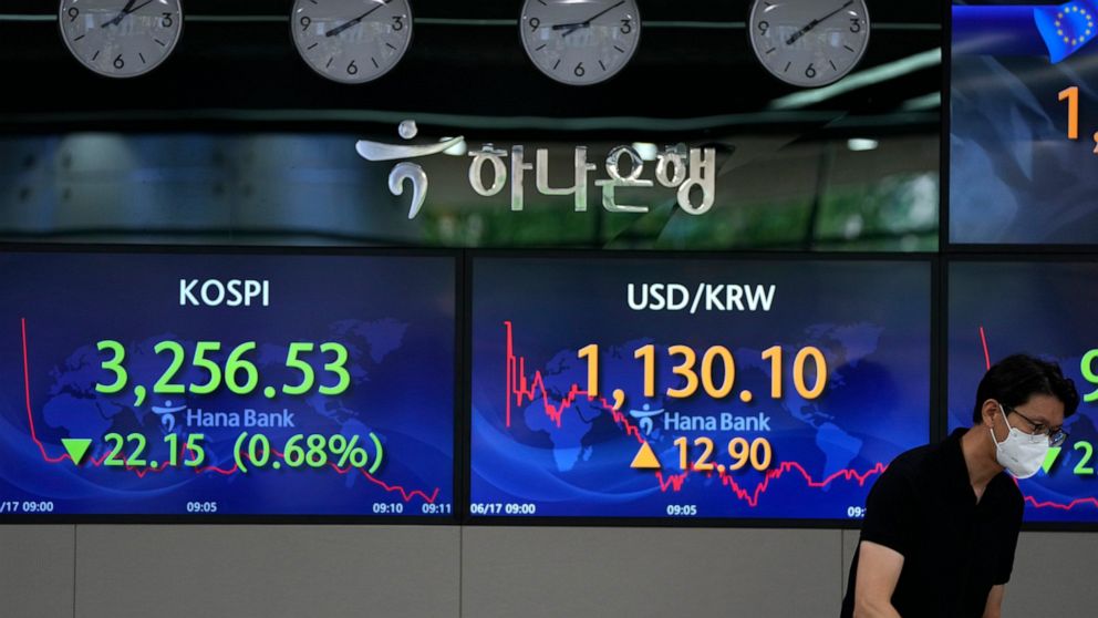 A currency trader walks near the screens showing the Korea Composite Stock Price Index (KOSPI), left, and the foreign exchange rate between U.S. dollar and South Korean won at the foreign exchange dealing room in Seoul, South Korea, Thursday, June 17