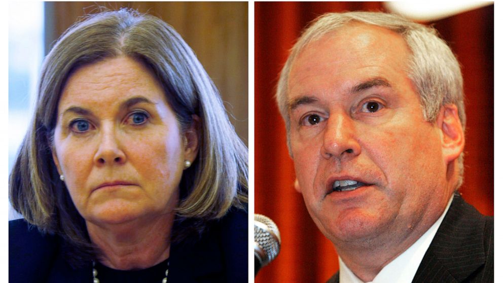 FILE - This combination of file photos show, Kansas City Federal Reserve Bank President Esther George, left, in 2015; and Boston Federal Reserve Bank President Eric Rosengren in 2008. The Federal Reserve officials dissented from the central bank’s de