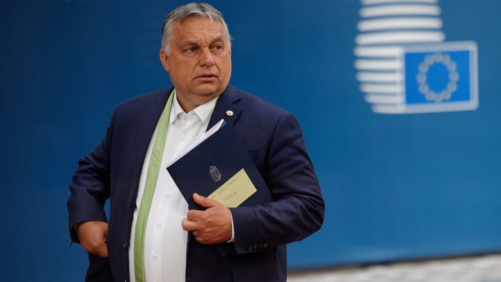 Hungarian Prime Minister Viktor Orban leaves at the end of an EU summit at the European Council building in Brussels, Friday, June 25, 2021. EU leaders discussed the economic challenges the bloc faces due to coronavirus restrictions and will review p