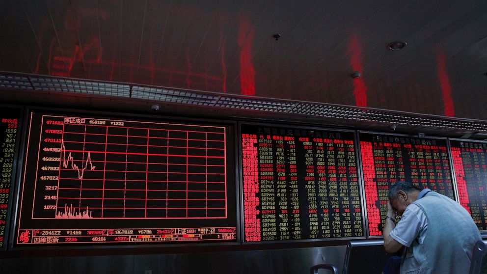 An investor reacts as he monitors stock prices at the brokerage house in Beijing Thursday, June 6, 2019. Asian stocks were mixed on Thursday as traders kept a close watch on impending U.S. tariffs on Mexico amid a standstill in its talks with China. 