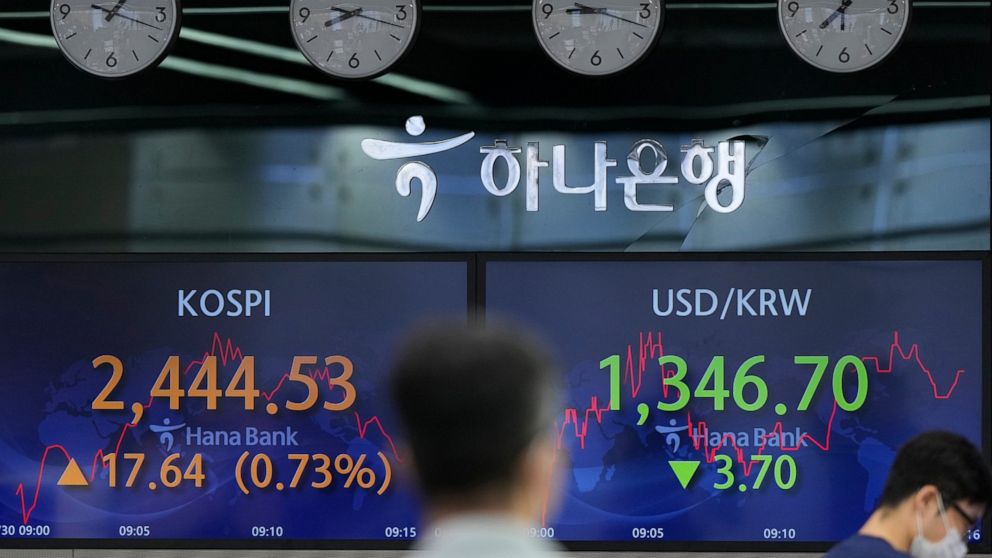 Currency traders walk by the screens showing the Korea Composite Stock Price Index (KOSPI), left, and the foreign exchange rate between U.S. dollar and South Korean won at a foreign exchange dealing room in Seoul, South Korea, Tuesday, Aug. 30, 2022.