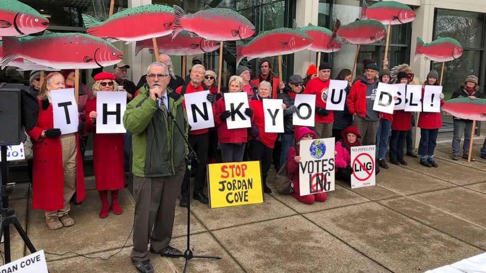 Oregon state Sen. Jeff Golden speaks to demonstrators opposed to a plan to build a natural gas pipeline and marine export terminal in Oregon, at the Department of State Lands in Salem, Ore., Tuesday, Feb. 4, 2020. Golden said he expects the battle to