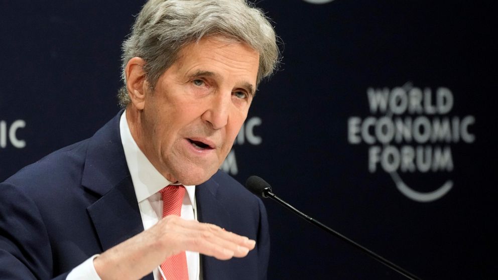John F. Kerry, Special Presidential Envoy for Climate of the United States, gestures during a news conference at the World Economic Forum in Davos, Switzerland, Tuesday, May 24, 2022. The annual meeting of the World Economic Forum is taking place in 