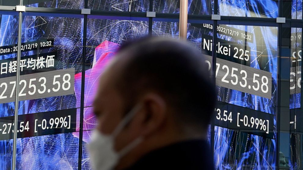 A person stands near an electronic stock board showing Japan's Nikkei 225 index at a securities firm Monday, Dec. 19, 2022, in Tokyo. Asian stock markets fell again Monday as investors wrestled with fears the Federal Reserve and European central bank