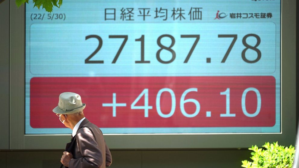 A man wearing a protective mask walks past an electronic stock board showing Japan's Nikkei 225 index at a securities firm Monday, May 30, 2022, in Tokyo. Asian stocks rose Monday after Wall Street rebounded from a seven-week string of declines and C