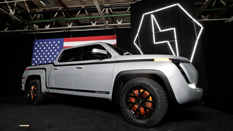 FILE - The electric Endurance pick-up truck is displayed at Lordstown Motors Corporation, in Lordstown, Ohio. Commercial electric vehicle startup Lordstown Motors says it has slowly started production of its first model, the Endurance pickup. The com