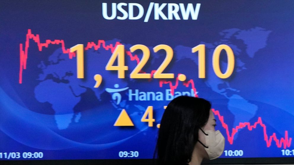 A currency trader walks near the screen showing the foreign exchange rate between U.S. dollar and South Korean won at a foreign exchange dealing room in Seoul, South Korea, Thursday, Nov. 3, 2022. Markets: Asian stock markets tumbled Thursday after t