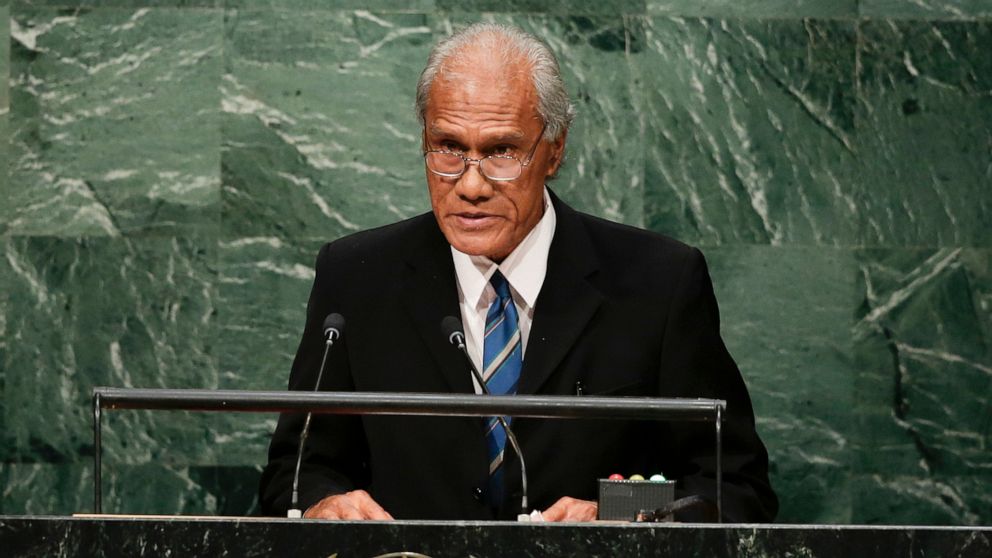FILE - In this Sept. 26, 2015, file photo, Tongan Prime Minister 'Akilisi Pohiva addresses the 2015 Sustainable Development Summit at the United Nations headquarters. Hundreds of mourners have packed a church service and children stood vigil as Tonga