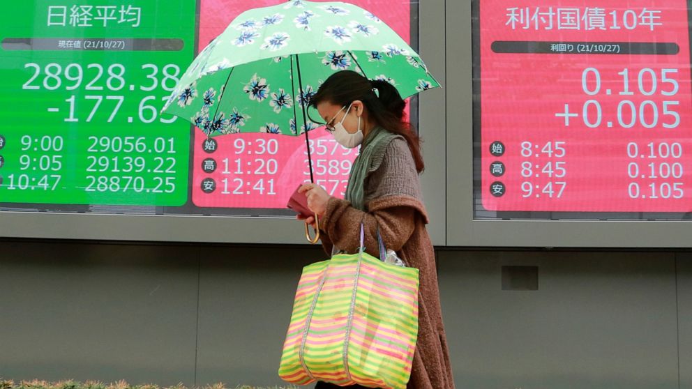 A woman walks by an electronic stock board of a securities firm in Tokyo, Wednesday, Oct. 27, 2021. Asian stock markets fell Wednesday after Australian inflation increased, highlighting global pressure for prices to rise, while investors looked ahead