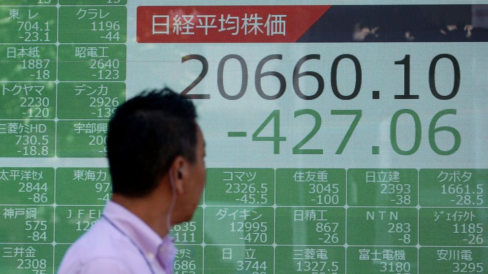 A man walks past an electronic stock board showing Japan's Nikkei 225 index at a securities firm in Tokyo Monday, Aug. 5, 2019. Asian stock markets fell for a third day Monday after China allowed its yuan to sink to its lowest level this year followi