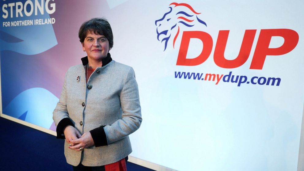 Democratic Unionist Party leader Arlene Foster poses on stage as she prepares for the the DUP annual party conference over the coming weekend in Belfast, Northern Ireland, Friday Oct. 25, 2019. Brexit dominates all political discussions at this time,