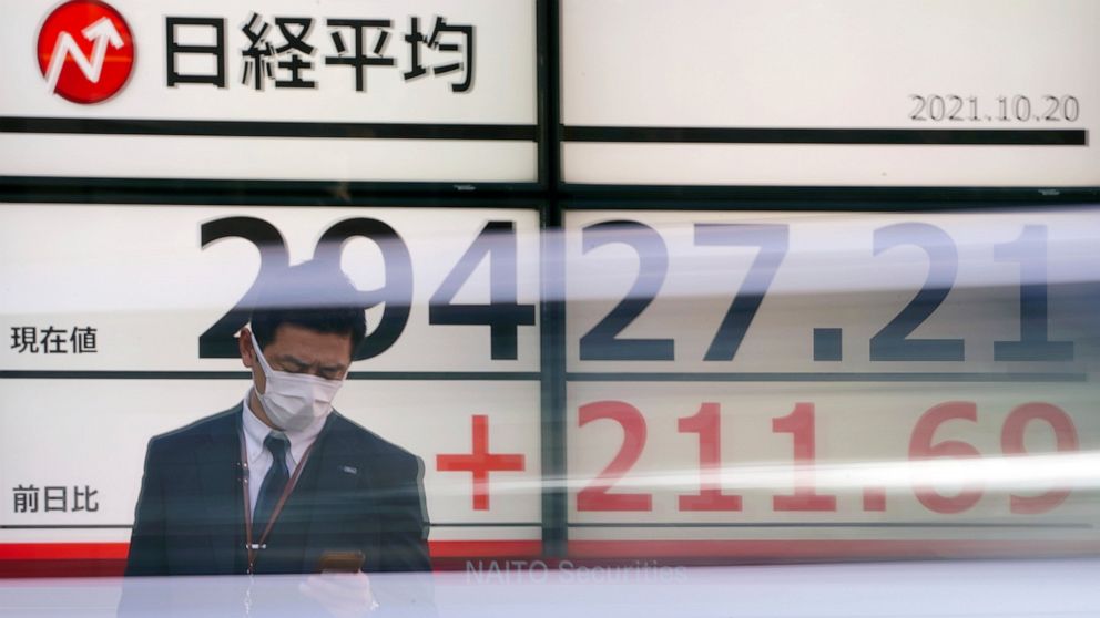 A man wearing a protective mask stands in front of an electronic stock board showing Japan's Nikkei 225 index at a securities firm Wednesday, Oct. 20, 2021, in Tokyo. Asian stock markets were mixed Wednesday after Wall Street rose for a fifth day on 