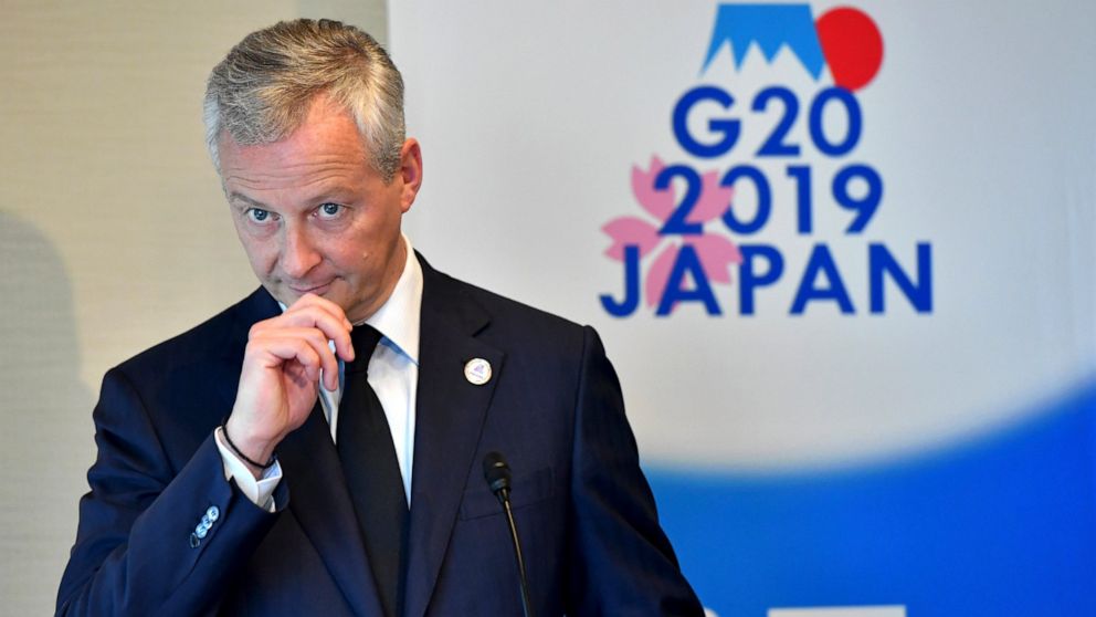 France's Finance Minister Bruno Le Maire listens to a question during a press conference at the G20 finance ministers and central bank governors meeting in Fukuoka Sunday, June 9, 2019. (Toshifumi Kitamura/Pool Photo via AP)