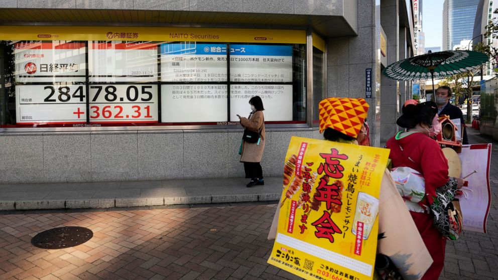 Japan's traditional advertising agents promote a local business as they walk by monitors showing Japan's Nikkei 225 index at a securities firm in Tokyo, Thursday, Nov. 24, 2022. Asian shares gained Thursday, although optimism about the Federal Reserv