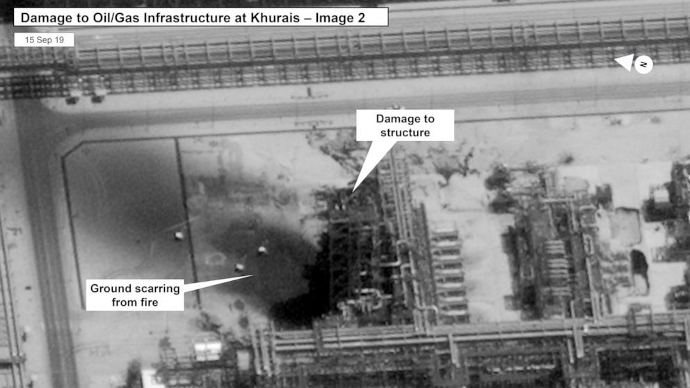 This image provided on Sunday, Sept. 15, 2019, by the U.S. government and DigitalGlobe and annotated by the source, shows damage to the infrastructure at at Saudi Aramco's Kuirais oil field in Buqyaq, Saudi Arabia. The drone attack Saturday on Saudi 
