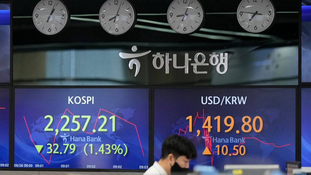 A currency trader watches computer monitors near the screens showing the Korea Composite Stock Price Index (KOSPI), left, and the foreign exchange rate between U.S. dollar and South Korean won at a foreign exchange dealing room in Seoul, South Korea,