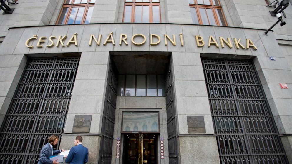 Czech National Bank (CNB), the central bank of the Czech Republic, is shown on April 7, 2016, in Prague, Czech Republic. The Czech Republic’s central bank has raised its key interest rate significantly as it tries to combat soaring inflation. The hik