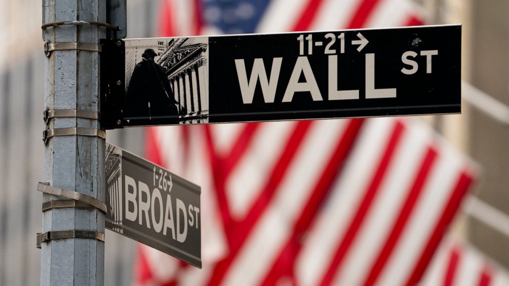 FILE - Street signs at the intersection of Wall and Broad Streets are shown in lower Manhattan, Wednesday, Oct. 13, 2021. (AP Photo/John Minchillo, File)