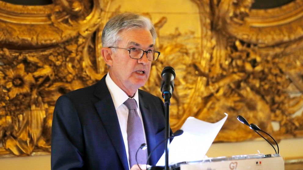 U.S. Federal Reserve Chairman Jerome Powell speaks during a dinner hosted by the Bank of France in Paris, Tuesday, July 16, 2019. Finance officials from the Group of Seven rich democracies will weigh risks from new digital currencies and debate how t