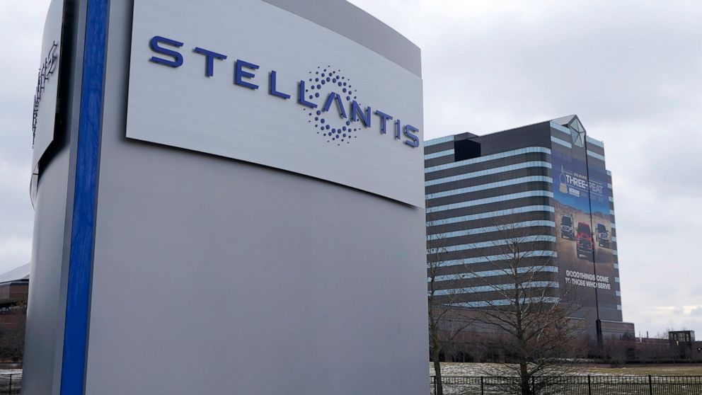 FILE - The Stellantis sign is seen outside the Chrysler Technology Center, in Auburn Hills, Mich. Automaker Stellantis has scheduled an announcement for Tuesday, May 24, 2022, in Kokomo, Ind., for what could be the company's second North American ele
