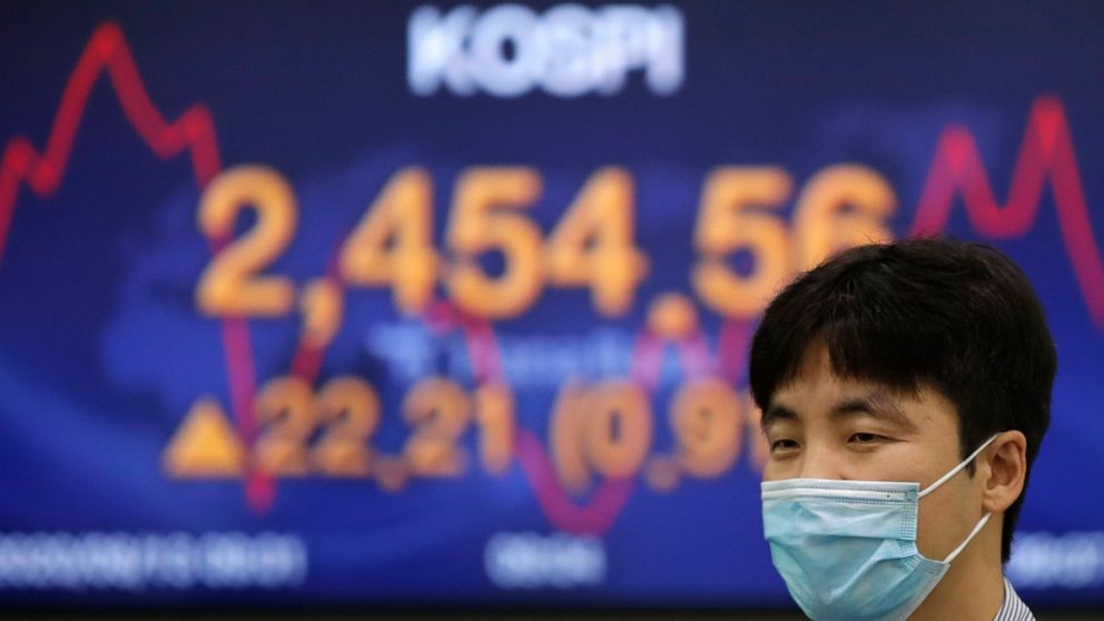 A currency trader walks by a screen showing the Korea Composite Stock Price Index (KOSPI) at the foreign exchange dealing room in Seoul, South Korea, Thursday, Aug. 13, 2020. Asian shares were mostly higher on Thursday, cheered by the rally on Wall S